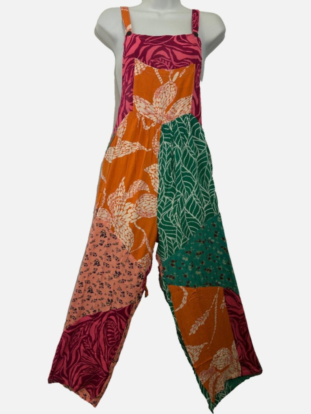 Nwt SACRED THREADS patch floral hippie rayon OVERALLS ROMPER JUMPSUIT JUMPER XL